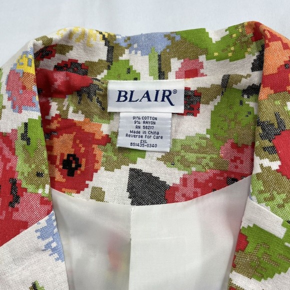 Vintage 90s Jacket Blazer Blair Womens 2XL Faux Stitch Floral Open Front Pockets - Picture 6 of 11